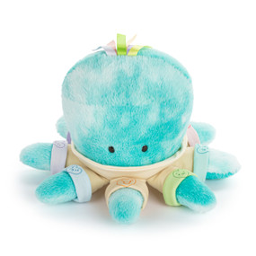 A teal plush octopus with a shirt on that has different emotional faces on each arm.