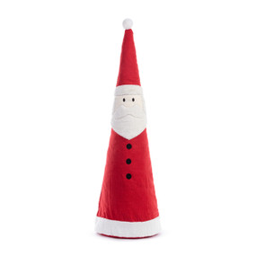 A tall red and white fabric Santa bag that can be stuffed full to stand upright.