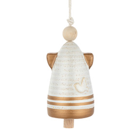 A small cream and gold angel shaped bell with a round wood head.