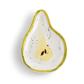 A small pear shaped ceramic plate painted on the inside to look like the inside of a pear.