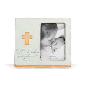 A 4x6 cream ceramic frame with a gold cross on the left side and words of the Lord's prayer.