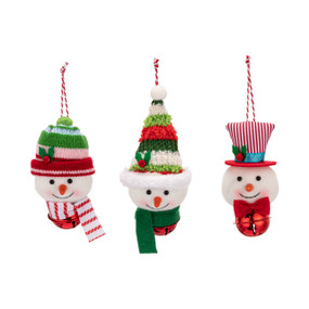 Three different fabric snowman head ornaments with red jingle bells at their bases.