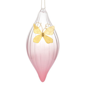 A teardrop shaped pink milk glass ornament with a gold butterfly on the front.
