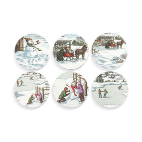 A set of six round paperboard coasters with images of traditional Christmas activities.