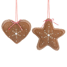 Two brown felt ornaments meant to look like gingerbread cookies. One is shaped like a heart and the other a star.
