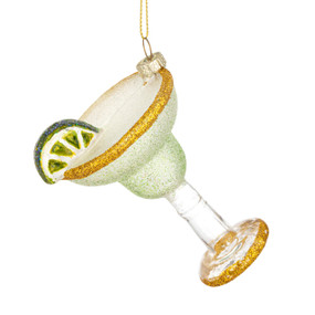 A hanging ornament shaped like a margarita with lime cocktail in a clear glass.