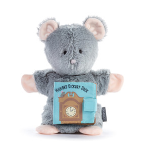 A gray and pink plush mouse puppet with a fabric book attached to its front with the title "Hickory Dickory Dock".