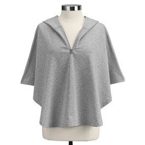 A grey poncho with a half zipper and a hood in the back.