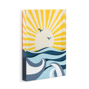 A blue and yellow acrylic wall art tile with illustrated blue sea waves and a yellow sun displayed angled to the right.