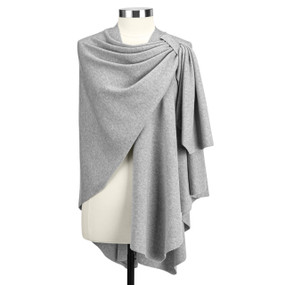 A grey travel wrap with a keyhole on the left shoulder displayed on a mannequin.