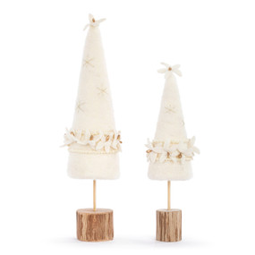 Two different sized cone shaped trees on wood bases and made out of cream felt and beaded poinsettias.