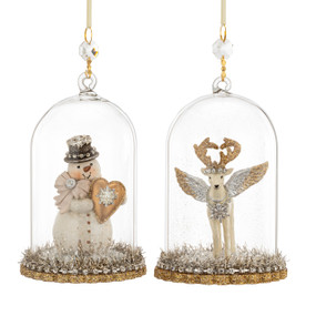 Two small clear glass cloche ornaments. One has a snowman and the other a deer. Both are decorated with gold and silver sparkle and beads.