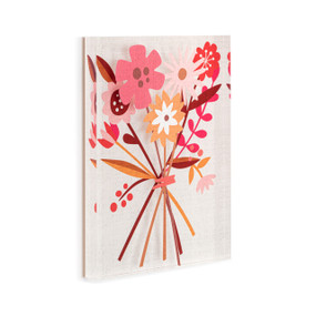 An off white acrylic wall art tile with an illustrated bouquet of pink, red and orange flowers displayed angled to the right.