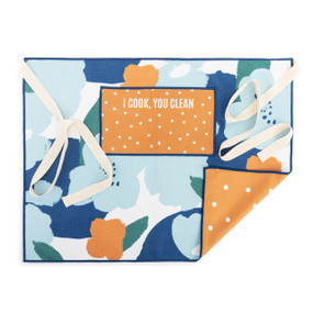 A blue and orange half apron with a bold floral pattern on the front along with a pocket and cream ties.