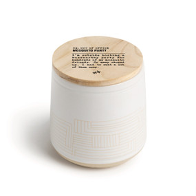 A white ceramic jar candle. The lid is wood with the saying "RE: Out of the Office Mosquito Party" with a short write up about someone dealing with mosquitoes.