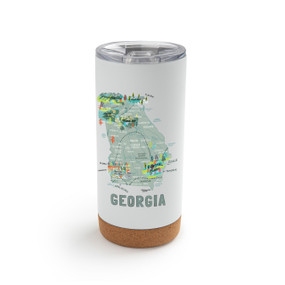 A white cork bottom tumbler with a graphic map image of Georgia and illustrations of famous locations and cities.