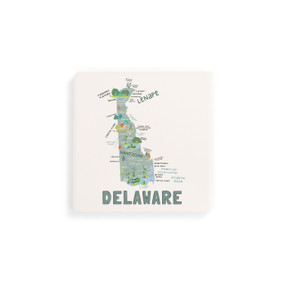 A set of four white square coasters with a map illustration of Delaware with famous landmarks and cities.