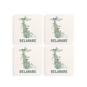 A set of four white square coasters with a map illustration of Delaware with famous landmarks and cities.