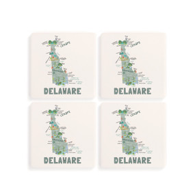 A set of four white square coasters with a map illustration of Delaware with famous landmarks and cities.