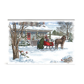A rectangular wall art of a horse drawn sleigh in front of a home in a snowy setting.