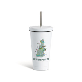 A white tumbler with a white lid and metal straw with a map illustration of New Hampshire with landmarks and cities.