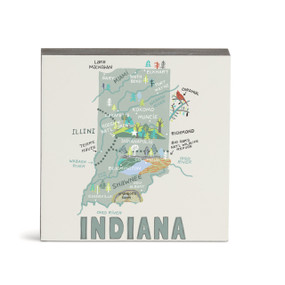 A white square wall art with an illustrated map of Indiana with landmarks and cities.