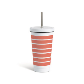 A white tumbler with a white lid and metal straw that has wide horizontal red stripes around the glass.