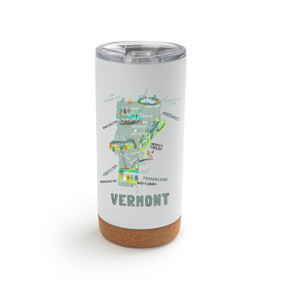 A white cork bottom tumbler with a graphic map image of Vermont and illustrations of famous locations and cities.