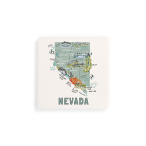 A set of four white square coasters with a map illustration of Nevada with famous landmarks and cities.