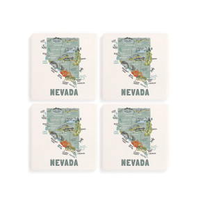 A set of four white square coasters with a map illustration of Nevada with famous landmarks and cities.