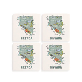 A set of four white square coasters with a map illustration of Nevada with famous landmarks and cities.