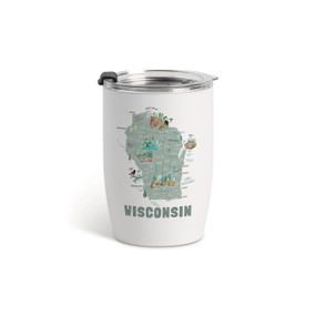 A white tumbler with a clear plastic lid and a map illustration of Wisconsin with landmarks and cities.