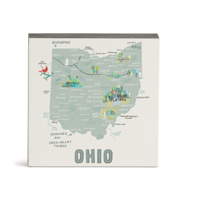 A white square wall art with an illustrated map of Ohio with landmarks and cities.