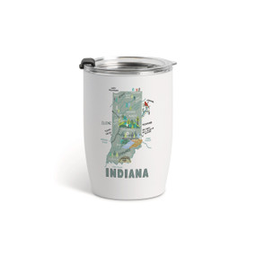 A white tumbler with a clear plastic lid and a map illustration of Indiana with landmarks and cities.