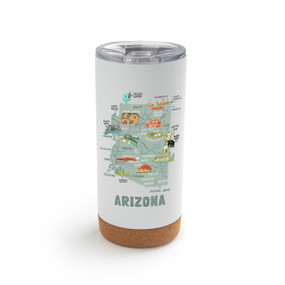 A white cork bottom tumbler with a graphic map image of Arizona and illustrations of famous locations and cities.