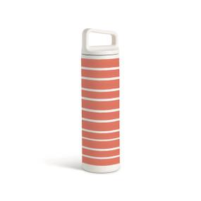 A white water bottle with a screw top handled lid. There are wide horizontal red stripes around the bottle.