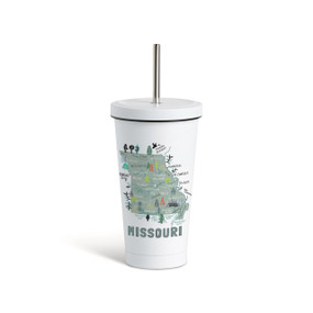 A white tumbler with a white lid and metal straw with a map illustration of Missouri with landmarks and cities.