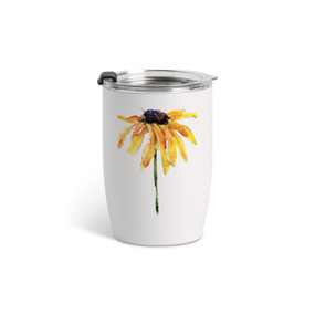 A white tumbler with a clear plastic lid and a watercolor image of a black eyed susan flower on the front.