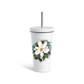 A white tumbler with a white lid and metal straw that has a watercolor image of a white magnolia flower on the front.