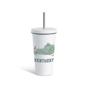 A white tumbler with a white lid and metal straw with a map illustration of Kentucky with landmarks and cities.