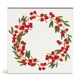 A square wall art of an illustrated cranberry wreath on a white background.