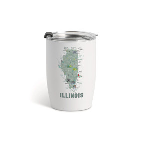 A white tumbler with a clear plastic lid and a map illustration of Illinois with landmarks and cities.