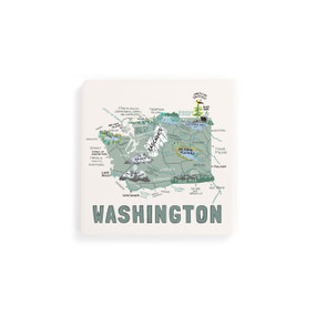 A set of four white square coasters with a map illustration of Washington with famous landmarks and cities.