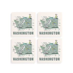 A set of four white square coasters with a map illustration of Washington with famous landmarks and cities.
