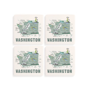 A set of four white square coasters with a map illustration of Washington with famous landmarks and cities.