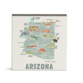 A white square wall art with an illustrated map of Arizona with landmarks and cities.