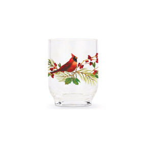 A clear plastic tumbler with an illustration of a cardinal perched on a cranberry branch.
