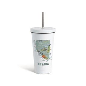 A white tumbler with a white lid and metal straw with a map illustration of Nevada with landmarks and cities.