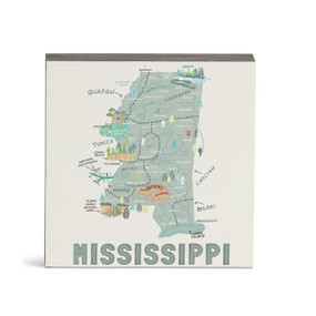A white square wall art with an illustrated map of Mississippi with landmarks and cities.