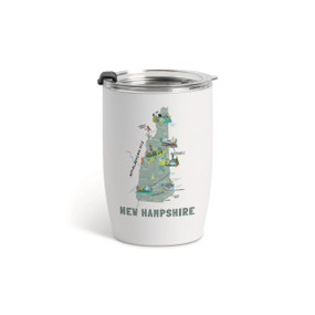 A white tumbler with a clear plastic lid and a map illustration of New Hampshire with landmarks and cities.
